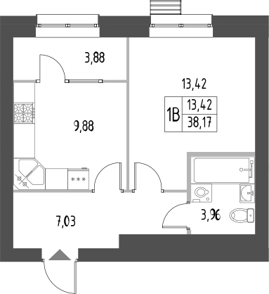 Планировка — Атмосфера, 1-комн., 38 м²