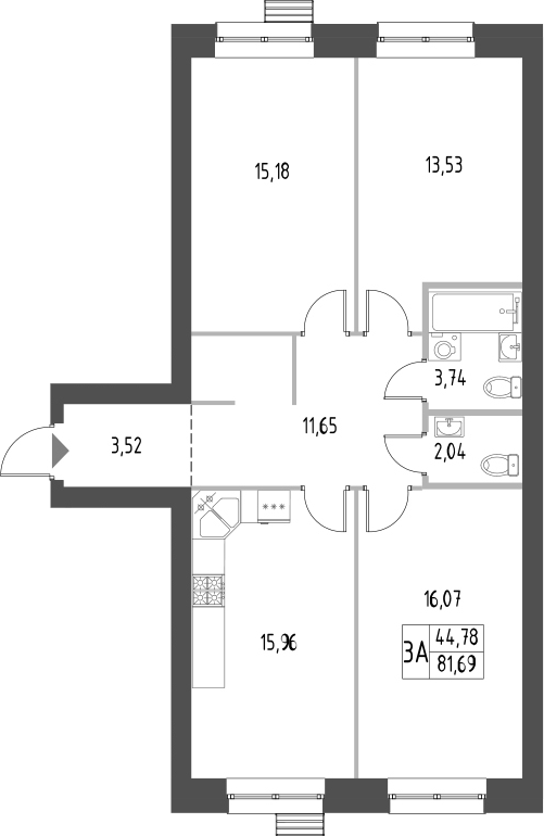 Планировка — Атмосфера, 3-комн., 82 м²