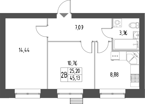 Планировка — Атмосфера, 2-комн., 45 м²
