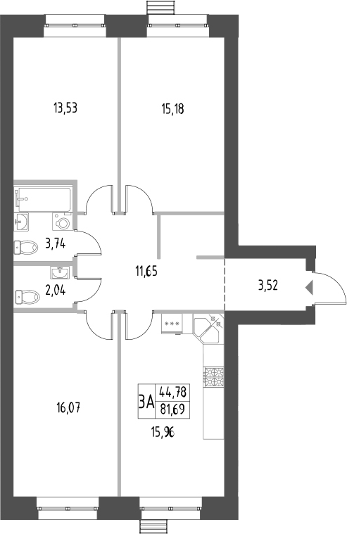 Планировка — Атмосфера, 3-комн., 82 м²