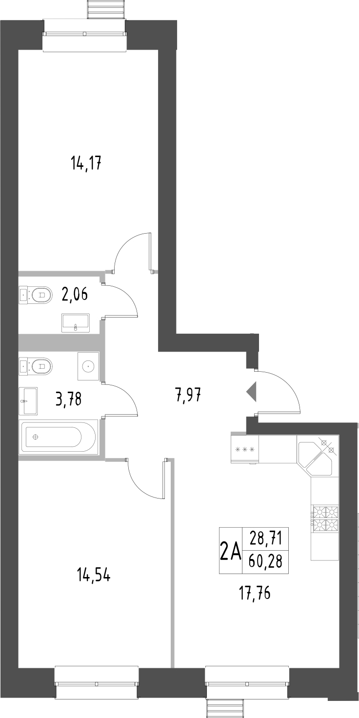 Планировка — Атмосфера, 2-комн., 60 м²