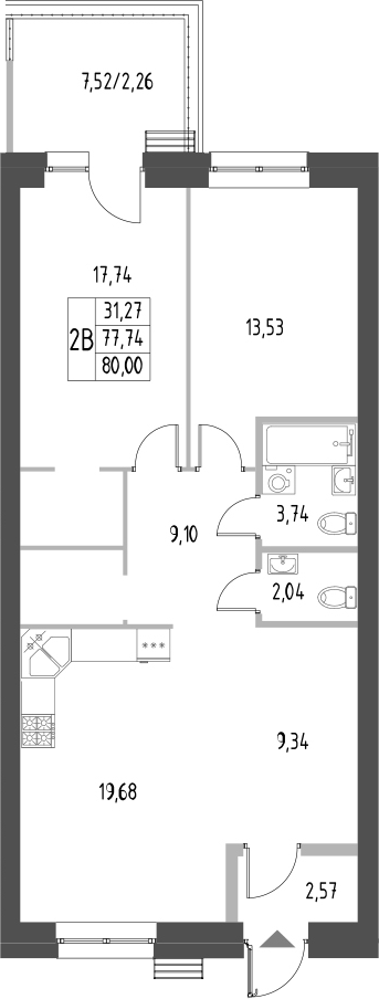 Планировка — Атмосфера, 2-комн., 78 м²