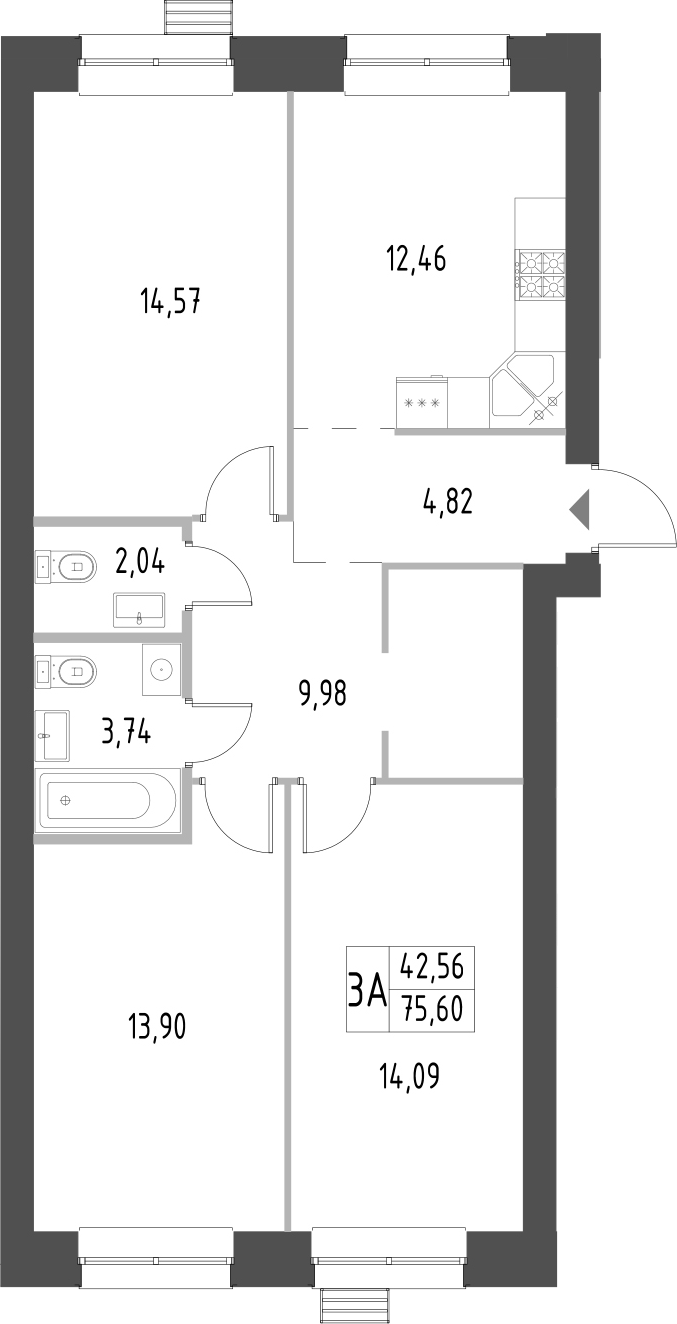 Планировка — Атмосфера, 3-комн., 76 м²