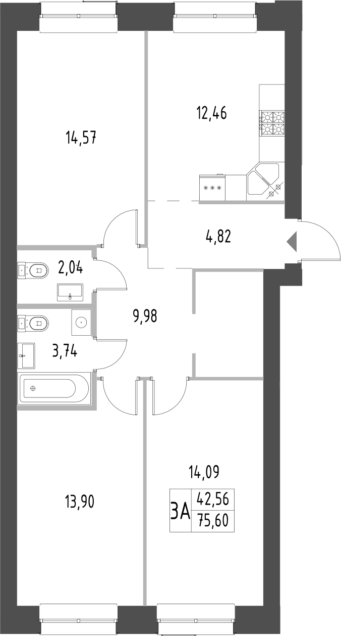 Планировка — Атмосфера, 3-комн., 76 м²