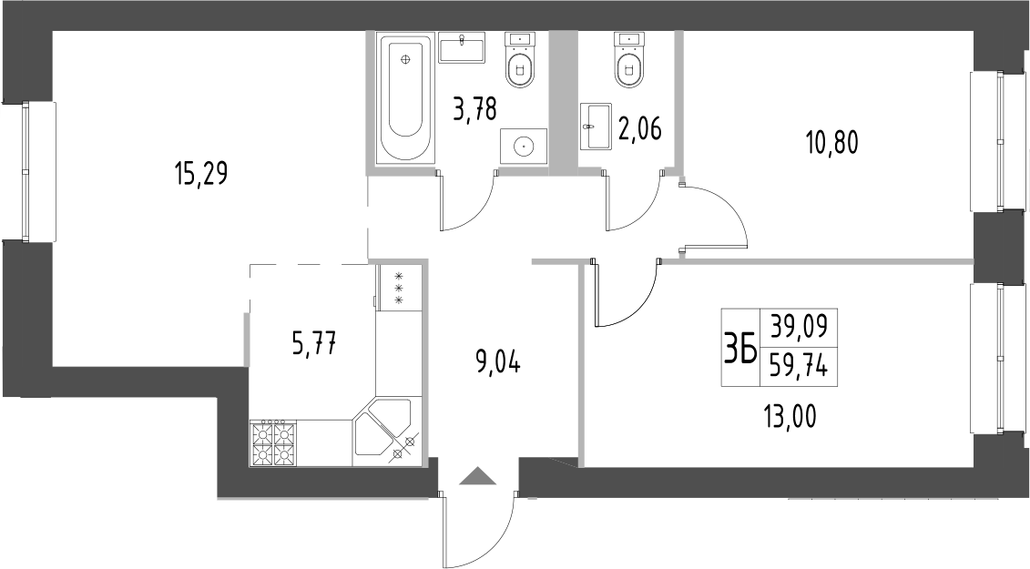 Планировка — Атмосфера, 3-комн., 60 м²