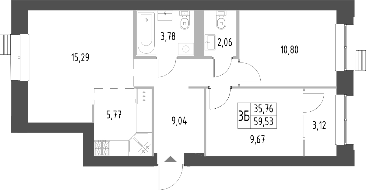 Планировка — Атмосфера, 3-комн., 56 м²