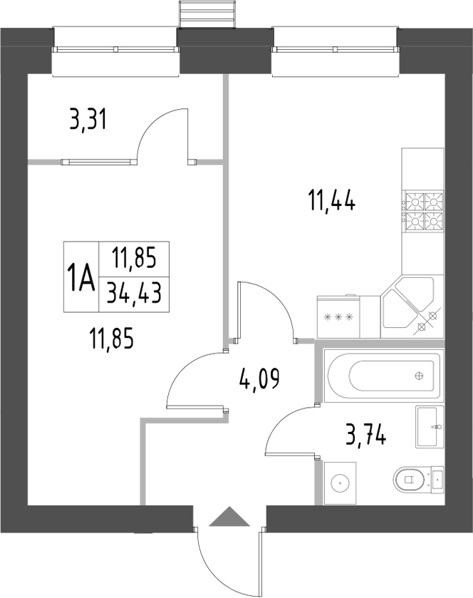 Планировка — Атмосфера, 1-комн., 34 м²