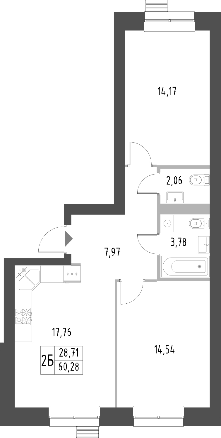 Планировка — Атмосфера, 2-комн., 60 м²