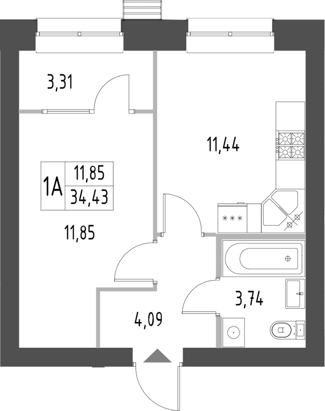 Планировка — Атмосфера, 1-комн., 34 м²