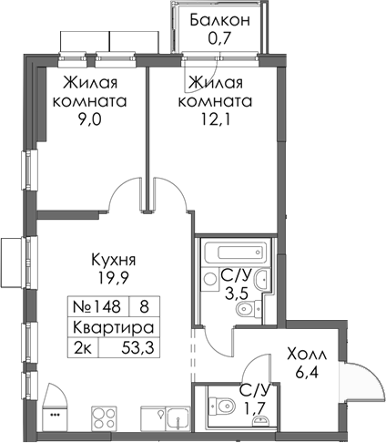 Планировка — Матюшино парк, 2-комн., 53 м²