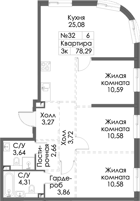 Планировка — Таулар, 3-комн., 78 м²