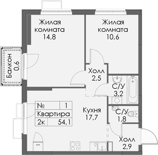 Планировка — Нокса парк, 2-комн., 54 м²