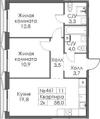 Планировка — Ботаническая 3, 2-комн., 58 м²