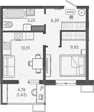Планировка — Теплые края, 1-комн., 31 м²