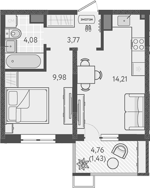Планировка — Теплые края, 1-комн., 32 м²