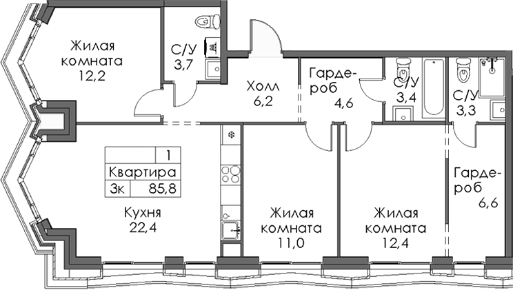 Планировка — Ботаническая 3, 3-комн., 86 м²