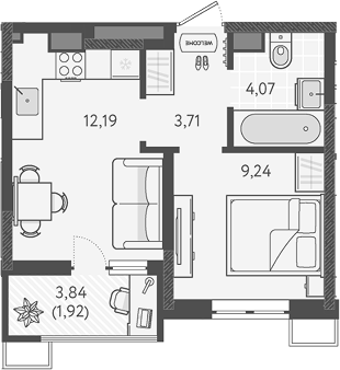 Планировка — Теплые края, 1-комн., 29 м²