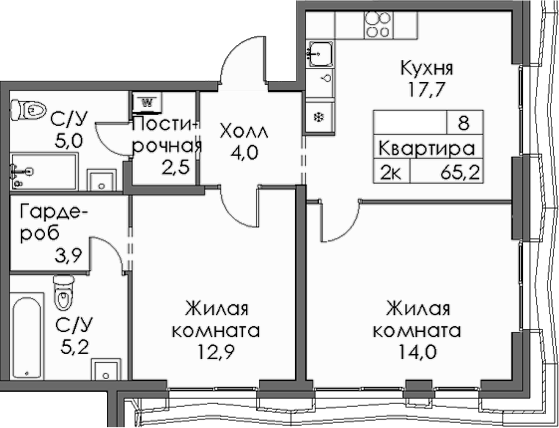 Планировка — Ботаническая 3, 2-комн., 65 м²