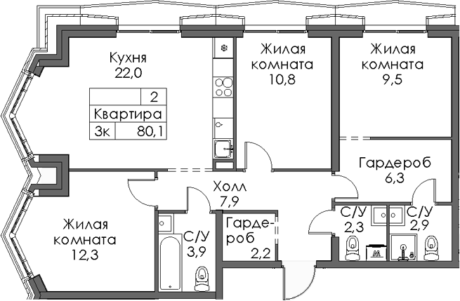 Планировка — Ботаническая 3, 3-комн., 80 м²
