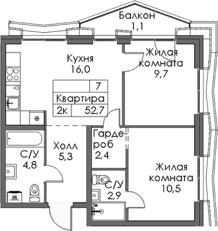 Планировка — Ботаническая 3, 2-комн., 52 м²