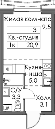 Планировка — Ботаническая 3, Студия, 21 м²