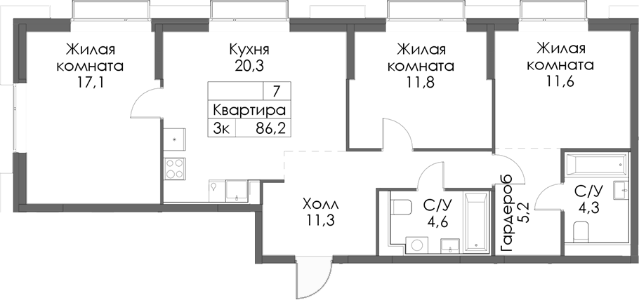 Планировка — Сиберово, 3-комн., 86 м²