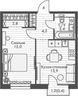 Планировка — Фриссон, 1-комн., 39 м²
