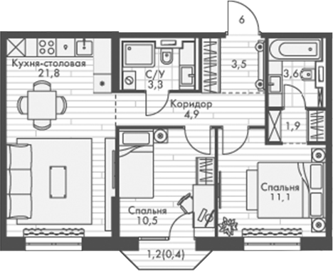 Планировка — Фриссон, 3-комн., 61 м²