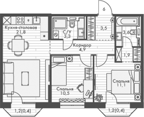 Планировка — Фриссон, 3-комн., 61 м²