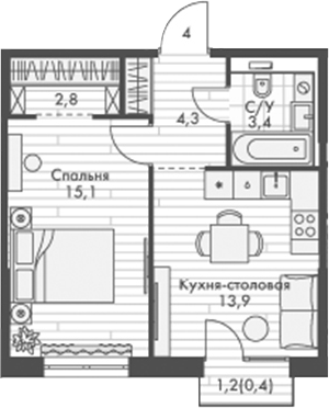 Планировка — Фриссон, 1-комн., 40 м²