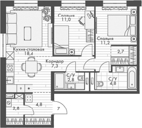 Планировка — Фриссон, 3-комн., 66 м²