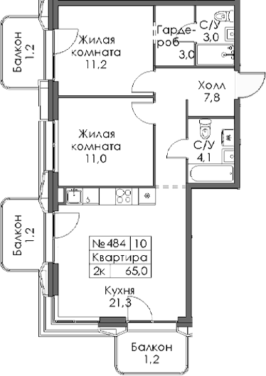 Планировка — Ботаническая 3, 2-комн., 61 м²