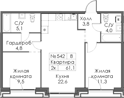 Планировка — Ботаническая 3, 2-комн., 61 м²