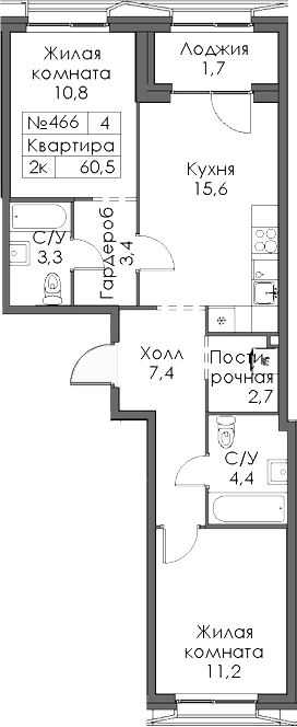 Планировка — Ботаническая 3, 2-комн., 59 м²