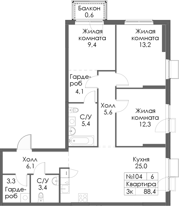 Планировка — Нокса парк, 3-комн., 88 м²