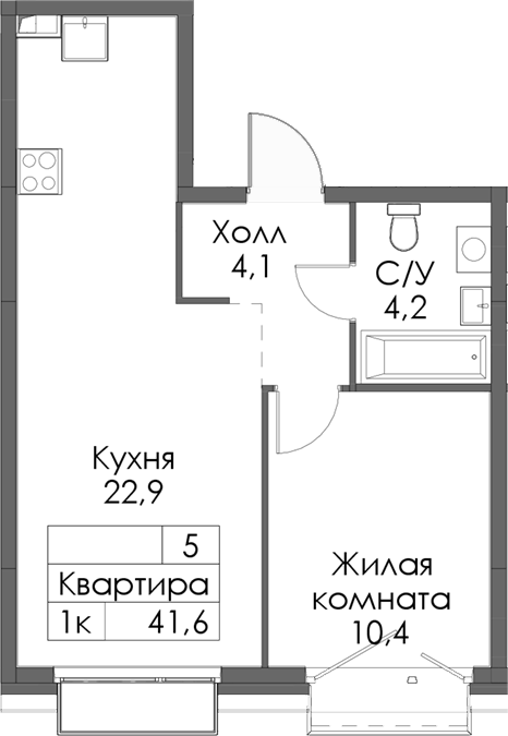 Планировка — Сиберово, 1-комн., 42 м²
