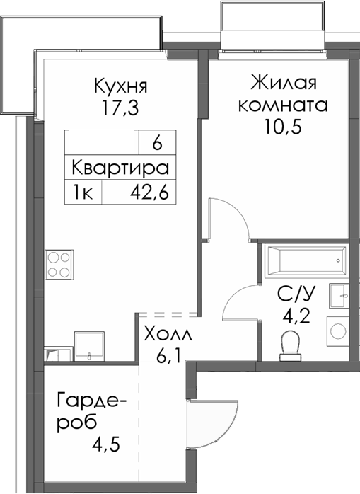 Планировка — Сиберово, 1-комн., 43 м²