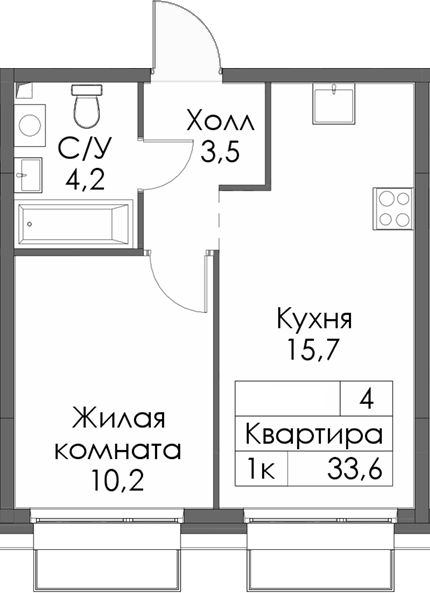 Планировка — Сиберово, 1-комн., 34 м²