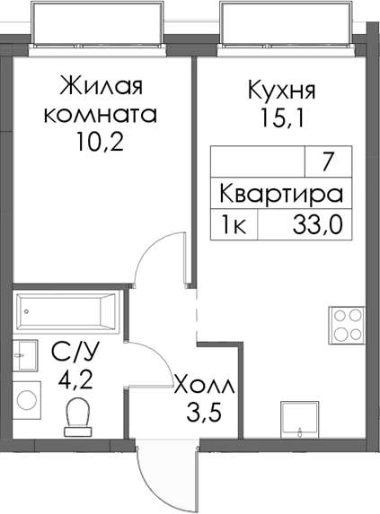 Планировка — Сиберово, 1-комн., 33 м²