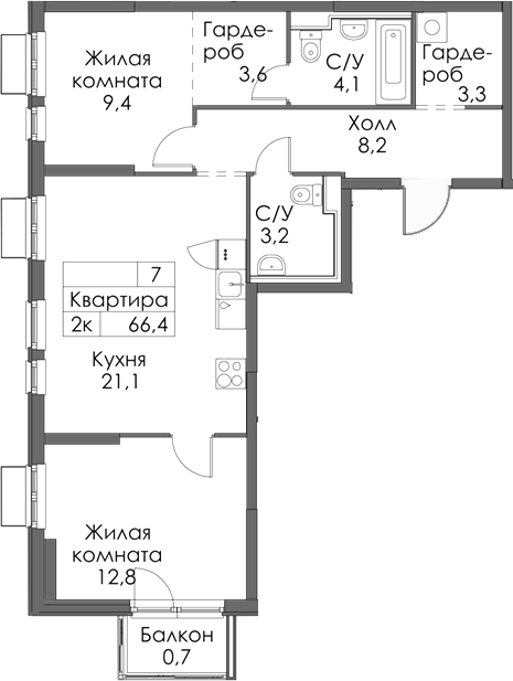 Планировка — Матюшино парк, 2-комн., 66 м²
