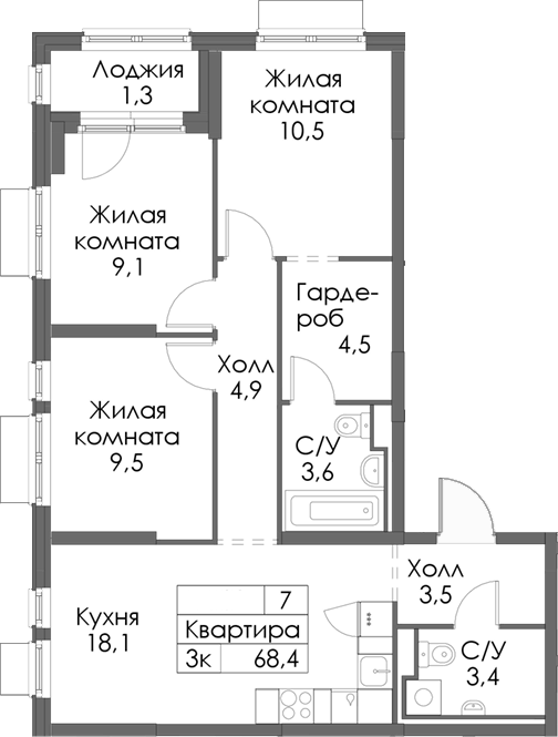 Планировка — Матюшино парк, 3-комн., 67 м²