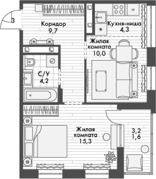 Планировка — Форест, 1-комн., 44 м²