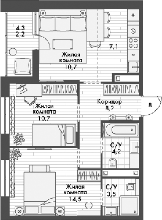 Планировка — Форест, 3-комн., 59 м²