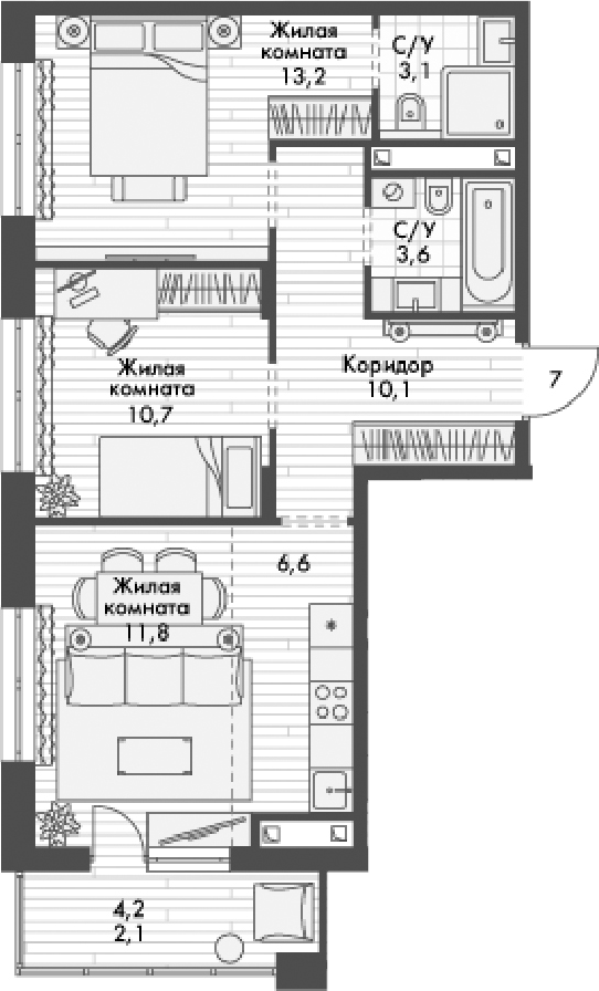 Планировка — Форест, 3-комн., 59 м²