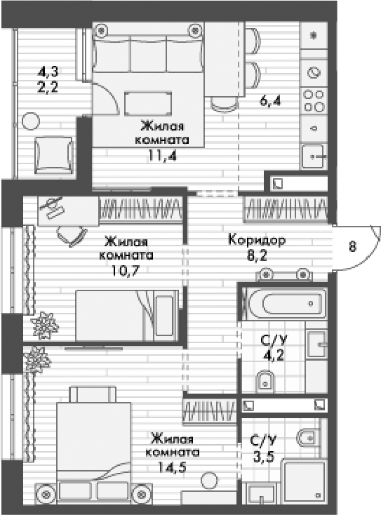 Планировка — Форест, 3-комн., 59 м²