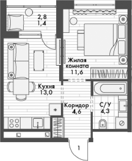 Планировка — Форест, 1-комн., 34 м²
