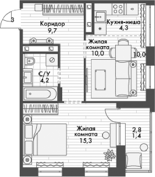 Планировка — Форест, 1-комн., 44 м²