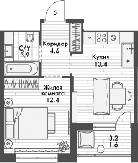 Планировка — Форест, 1-комн., 34 м²