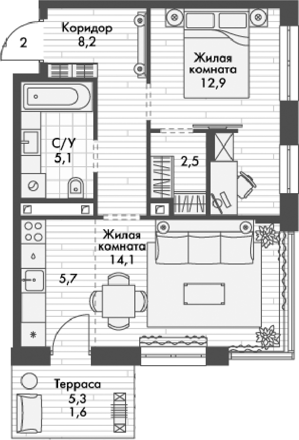 Планировка — Форест, 2-комн., 49 м²