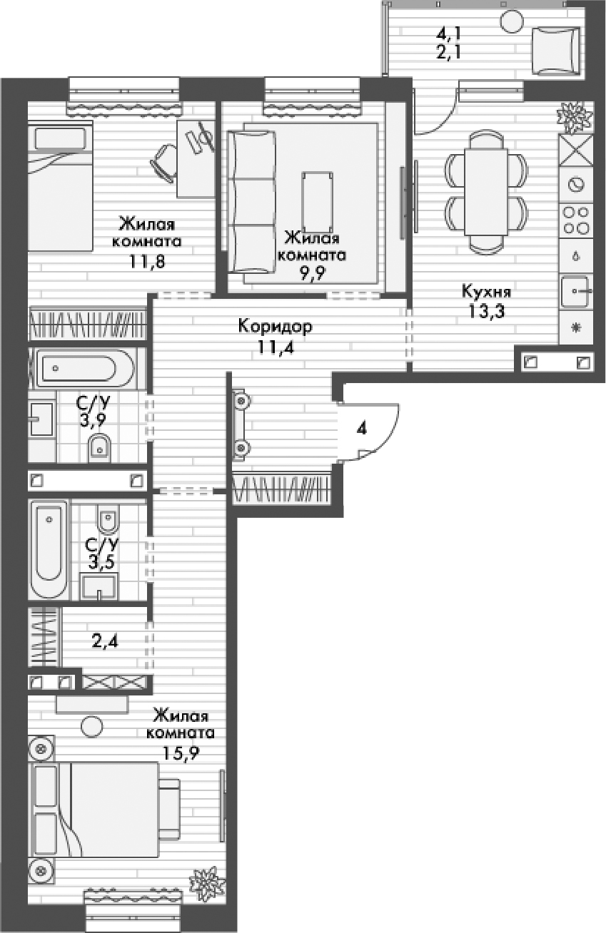 Планировка — Форест, 3-комн., 72 м²